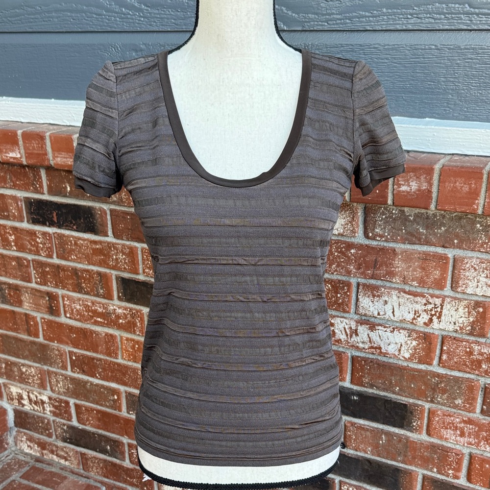 Armani Collezioni Dark Grey Striped Short Sleeve Shirt Blouse Womens Small
